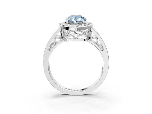 Sterling Silver Pear-Shaped Channel Set Halo Engagement Ring Setting for Fancy Blue Center