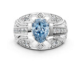 Silver Fancy Blue Pear Cut Diamond Pave Art Deco Split Shank Ring with Four-Prong Setting_6