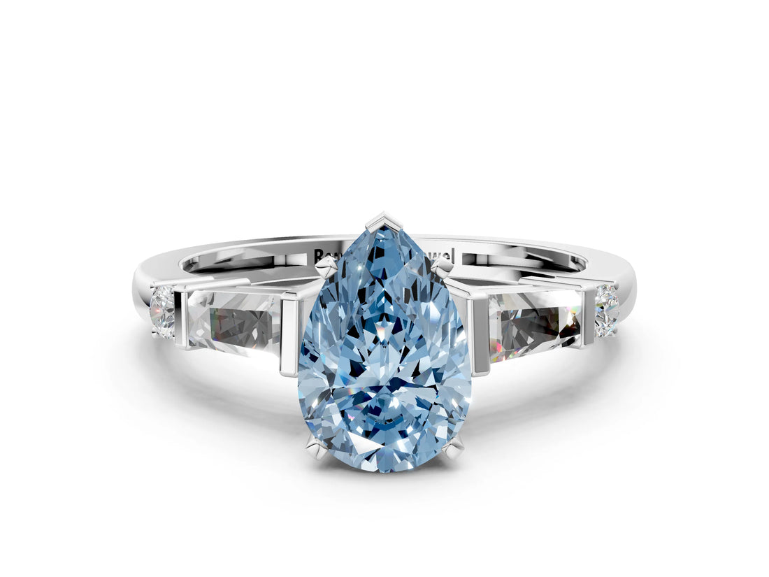 Silver Fancy Blue Pear  Cut Diamond Ring with Baguette Side Stones, Channel Set Band, and Four-Prong Setting_24
