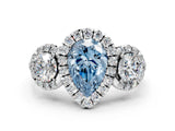 Silver Fancy Blue Pear Cut Diamond Three-Stone Halo Ring with Prong Setting and Pavé Accents_12