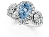 Silver Fancy Blue Pear Cut Diamond Three-Stone Halo Ring with Prong Setting and Pavé Accents_13