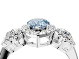 Silver Fancy Blue Pear Cut Diamond Three-Stone Halo Ring with Prong Setting and Pavé Accents_16