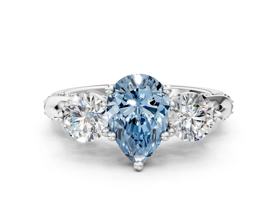 Silver Fancy Blue Pear Cut Diamond Three-Stone Ring with Prong Setting and Pavé Band_6