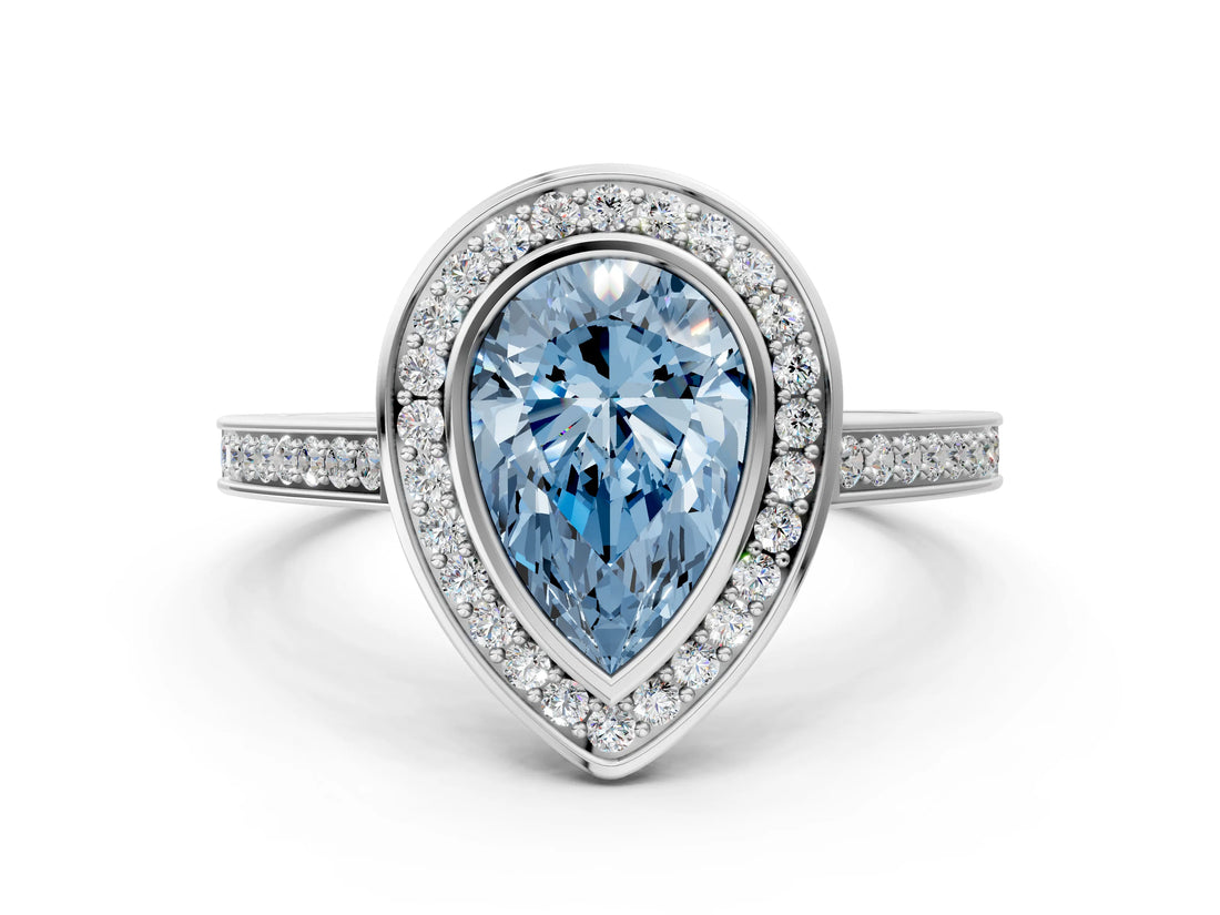 Silver Fancy Blue Pear Cut Halo Bezel Diamond Pave Band Ring_6