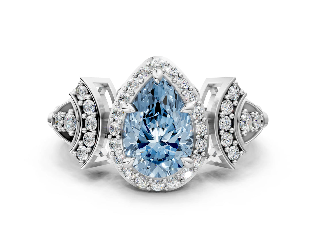 Silver Fancy Blue Pear Cut Halo Diamond Split Shank Engagement Ring with Four-Prong Setting_6
