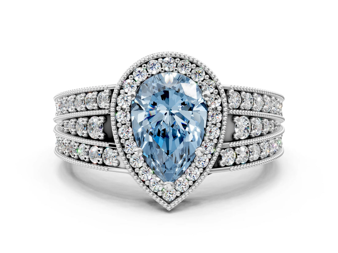 Silver Fancy Blue Pear Cut Halo Diamond Split Shank Ring with Prong Setting_6