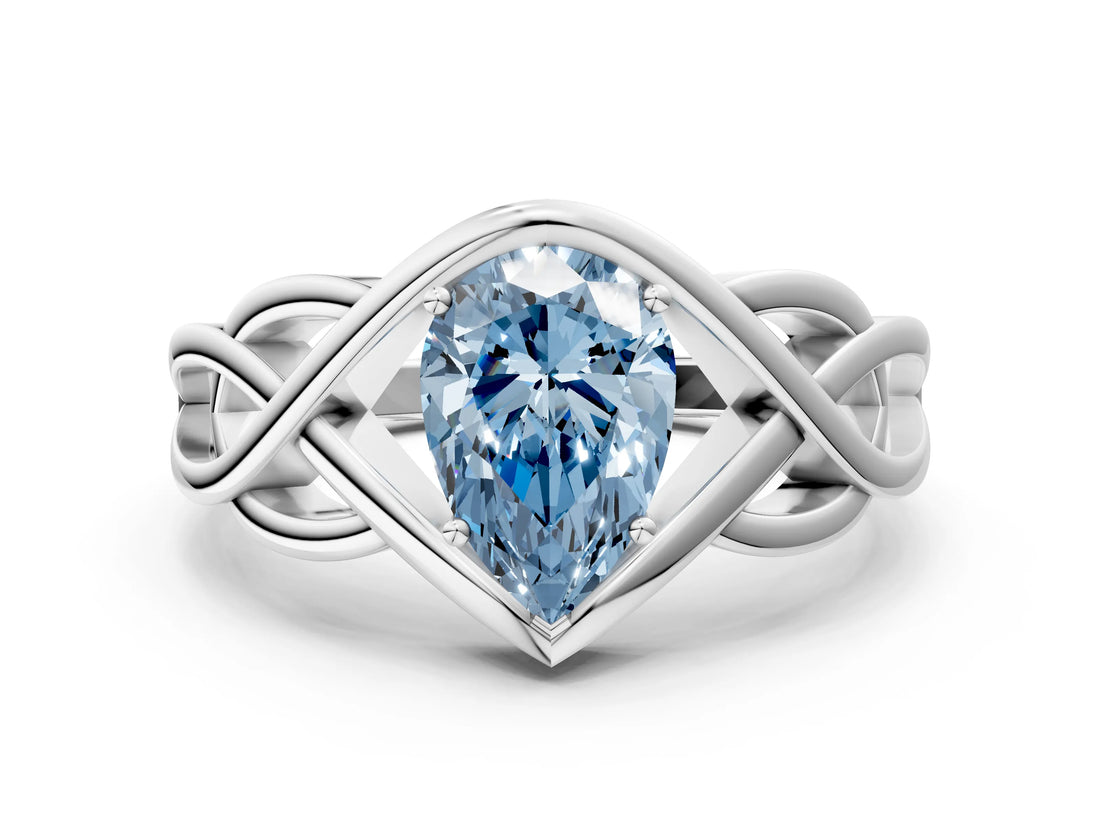 Silver Fancy Blue Pear Cut Solitaire Intertwined Band Prong Setting Ring_6