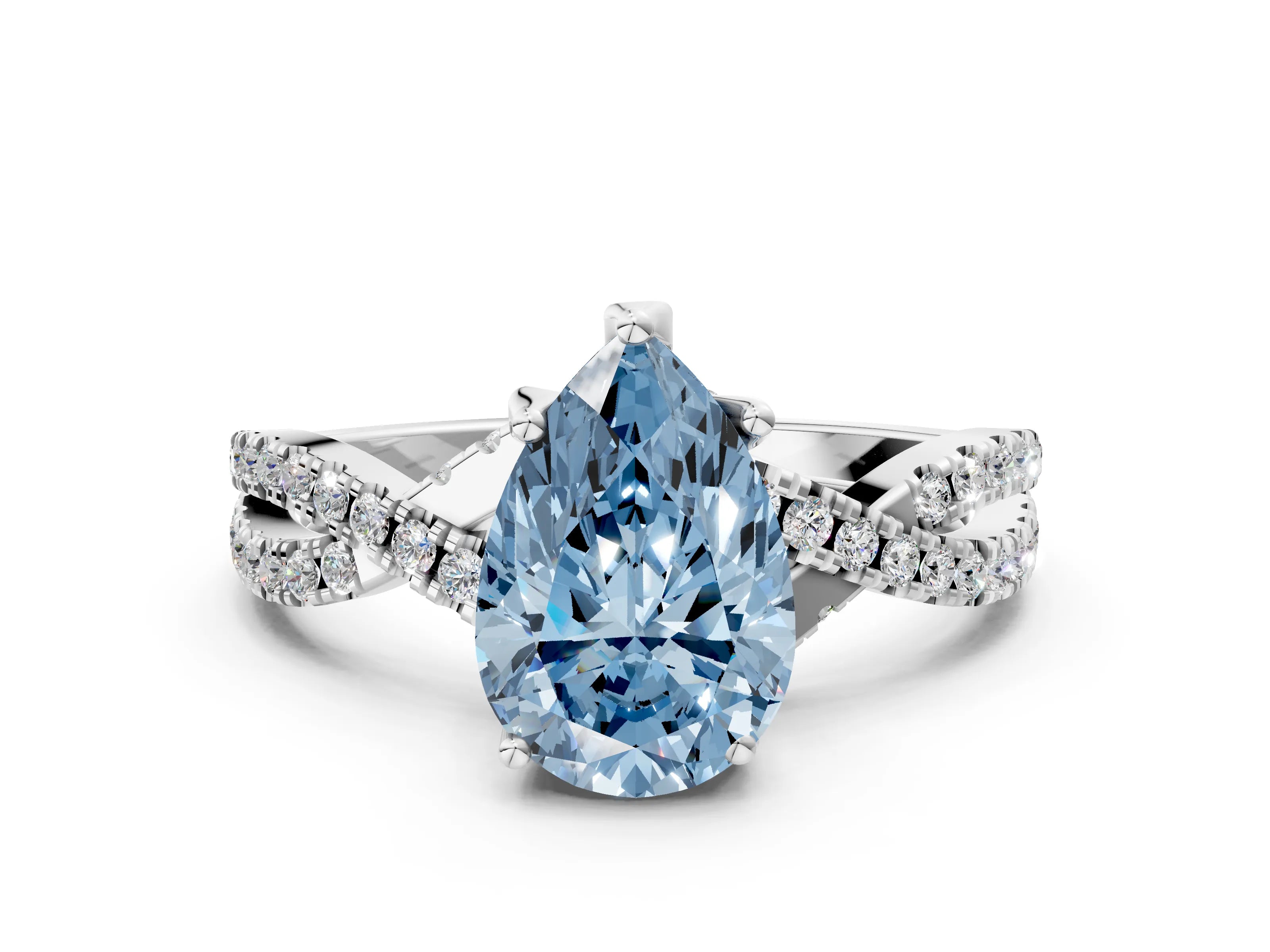 Silver Fancy Blue Pear Cut Solitaire Twist Pave Diamond Engagement Ring with Prong Setting_66