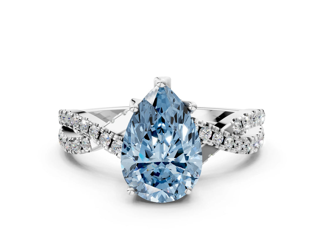 Silver Fancy Blue Pear Cut Solitaire Twist Pave Diamond Engagement Ring with Prong Setting_66