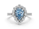 Silver Fancy Blue Pear  Halo Milgrain Pave Diamond Ring with Four-Prong Setting 2
