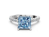Silver Fancy Blue Princess  Brilliant Diamond Solitaire with Pavé Band and Four-Prong Setting