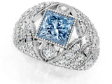 Silver Fancy Blue Princess Cut Brilliant Halo Pave Diamond Milgrain Ring_7