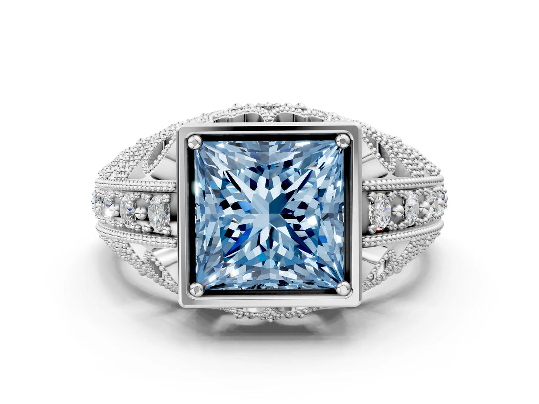 Silver Fancy Blue Princess Cut Brilliant Milgrain Filigree Diamond Ring with Square Prong Setting_12