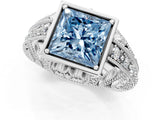 Silver Fancy Blue Princess Cut Brilliant Milgrain Filigree Diamond Ring with Square Prong Setting_13