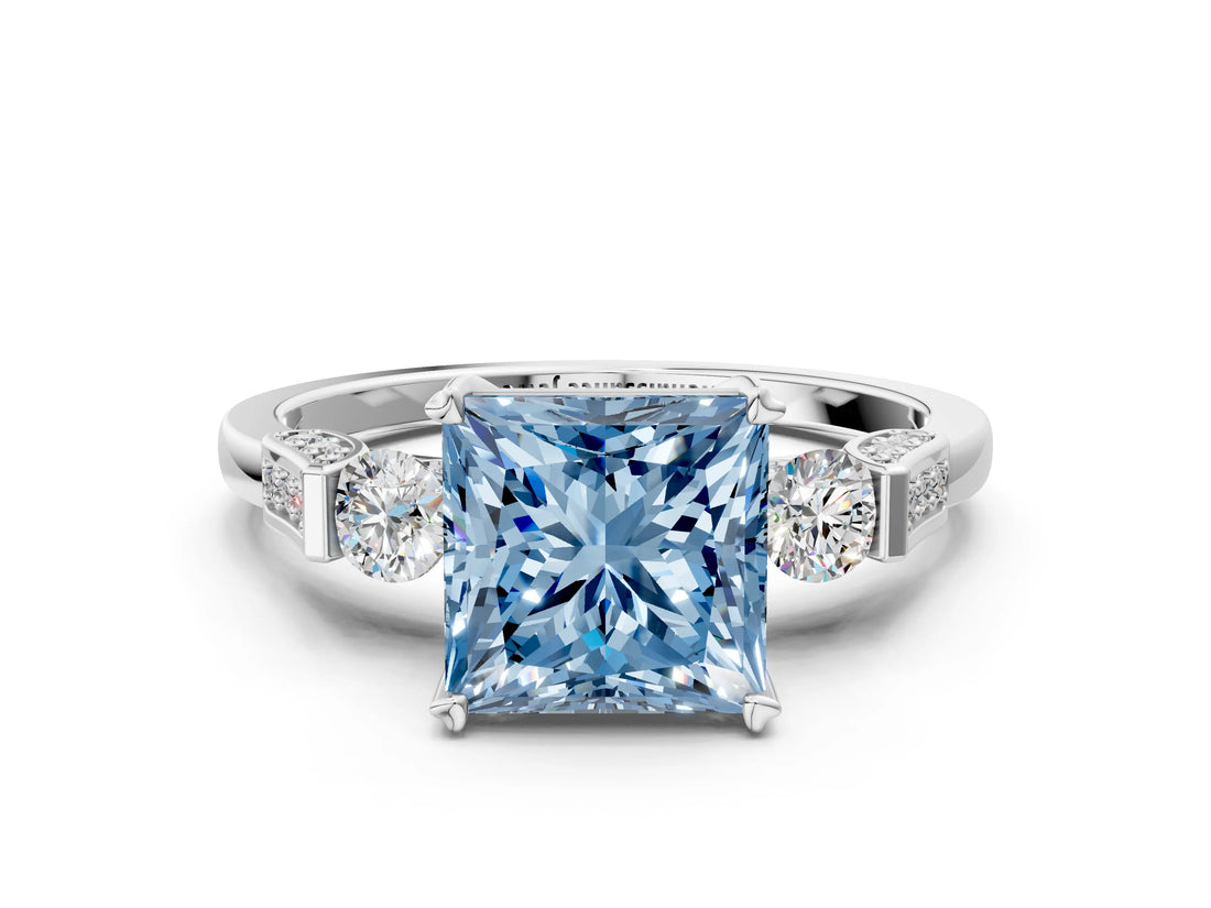 Silver Fancy Blue Princess Cut Brilliant Three-Stone Pave Band with Four-Prong Setting_6