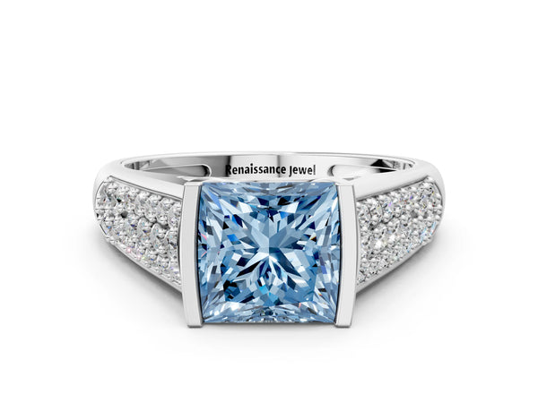 Silver Fancy Blue Princess Cut Diamond Channel Set Pave Band with Tension Prong Setting
