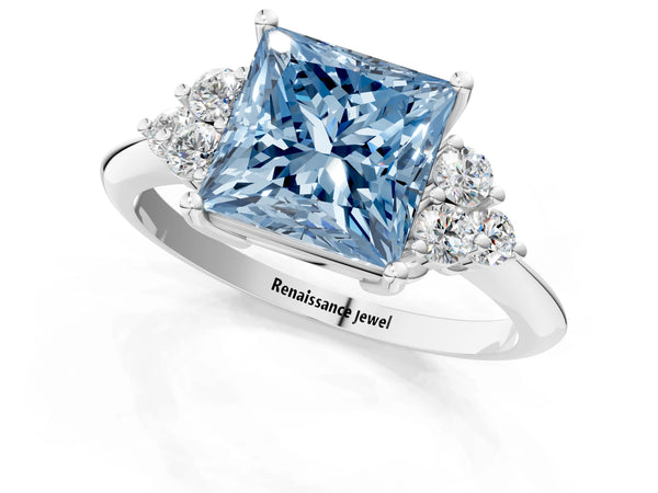 Sterling Silver Princess Cut Cluster Accent Engagement Ring Setting for Fancy Blue Center