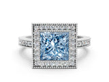 Silver Fancy Blue Princess Cut-Cut Diamond Halo Engagement Ring with Pave Band and Prong Setting_12