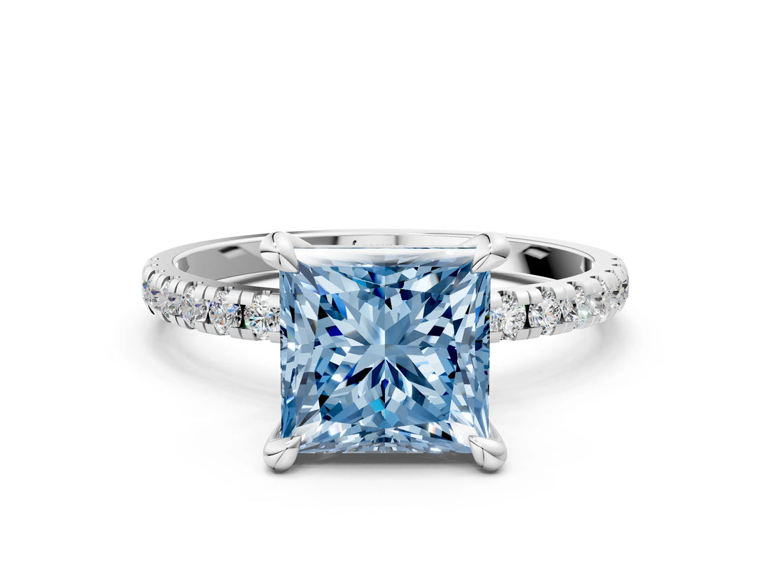 Silver Fancy Blue Princess Cut Diamond Brilliant Solitaire Ring with Pavé Band and Four-Prong Setting_36