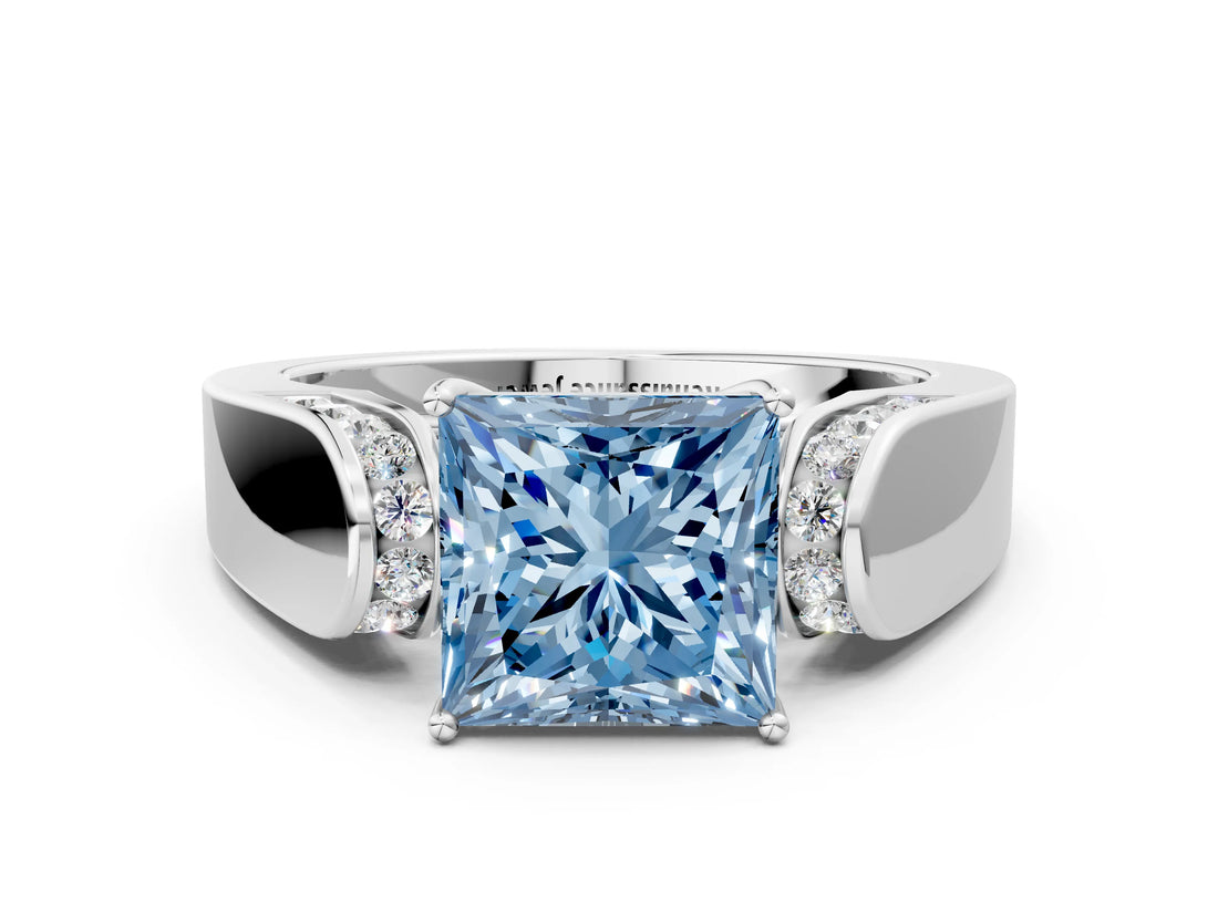 Silver Fancy Blue Princess Cut Diamond Channel Set Solitaire Ring with Four-Prong Setting_91