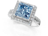 Silver Fancy Blue Princess Cut Diamond Double Halo Ring with Split Shank and Four-Prong Setting_7