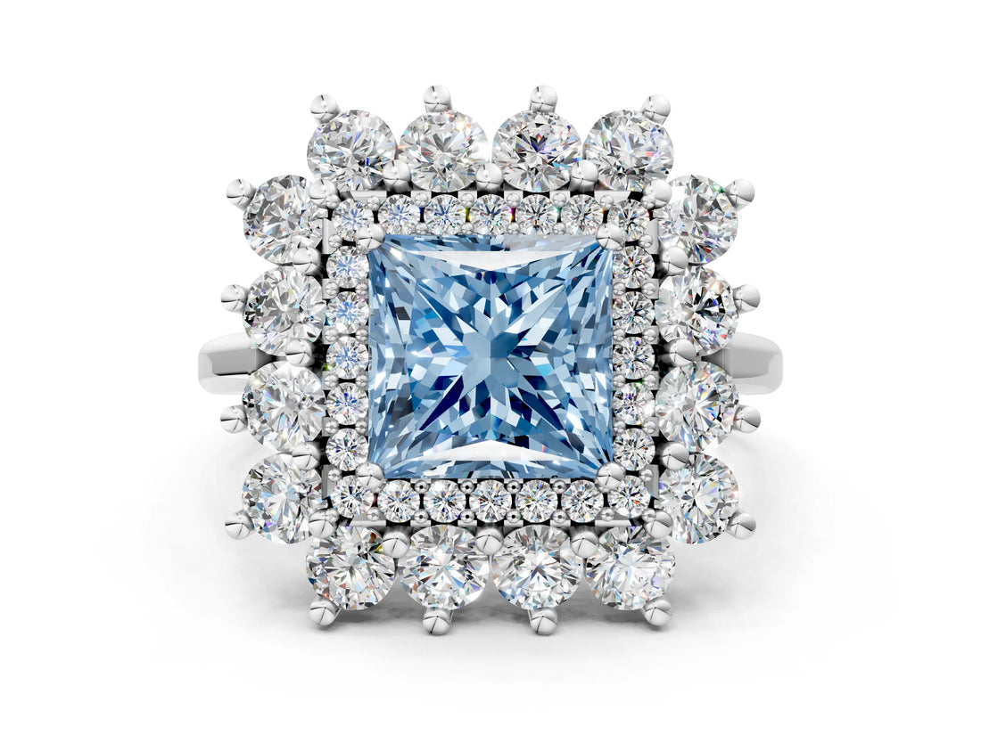 Silver Fancy Blue Princess Cut Diamond Floral Double Halo Engagement Ring with Prong Setting_192