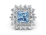 Silver Fancy Blue Princess Cut Diamond Floral Double Halo Engagement Ring with Prong Setting_192