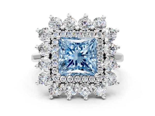 Sterling Silver Princess Cut Floral Double Halo Engagement Ring Setting for Fancy Blue Center