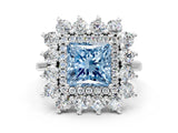 Silver Fancy Blue Princess Cut Diamond Floral Double Halo Engagement Ring with Prong Setting_42
