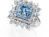 Silver Fancy Blue Princess Cut Diamond Floral Double Halo Engagement Ring with Prong Setting_43
