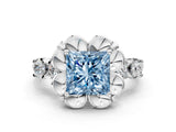 Silver Fancy Blue Princess  Cut Diamond Floral Halo Engagement Ring with Shared Prong Setting 1