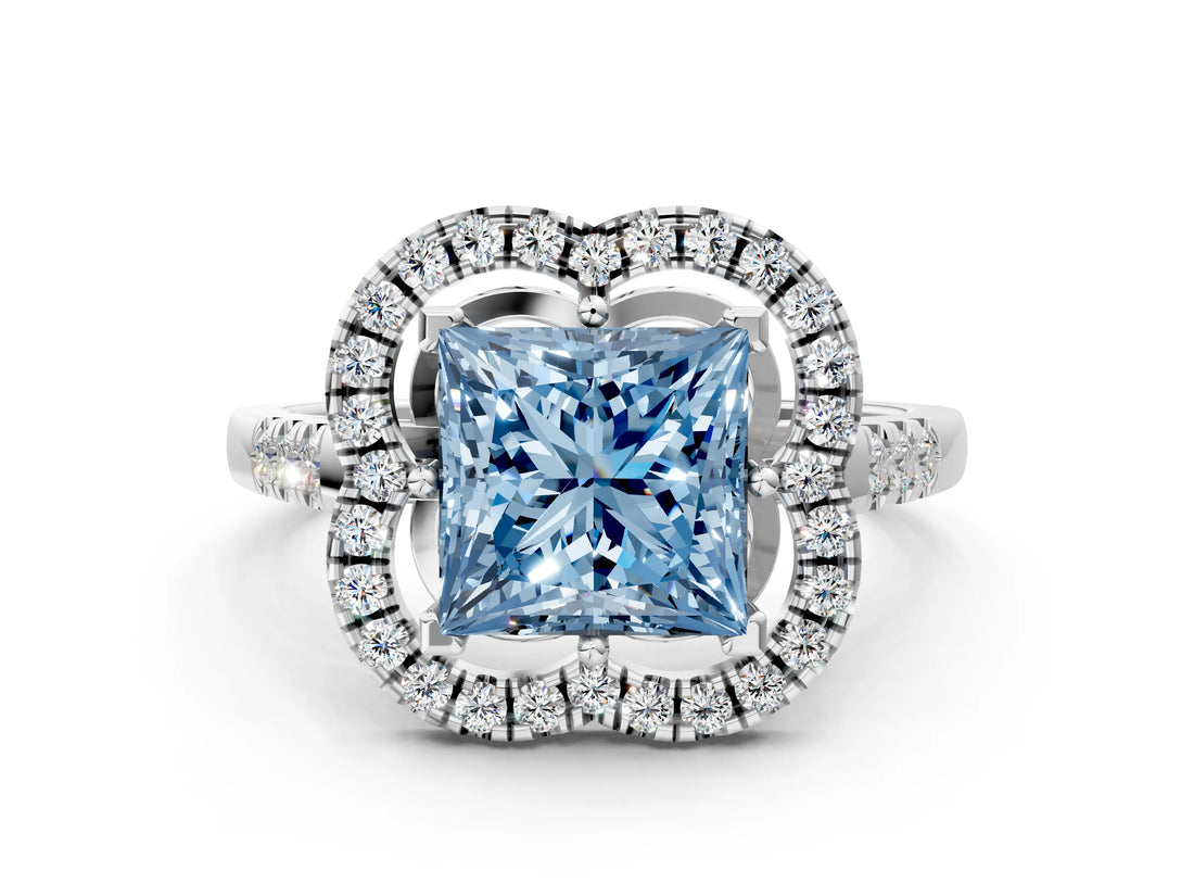 Silver Fancy Blue Princess Cut Diamond Floral Halo Split Shank Prong Setting Ring_6