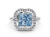Silver Fancy Blue Princess Cut Diamond Floral Halo Split Shank Prong Setting Ring_6