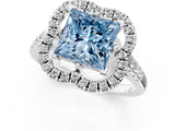 Silver Fancy Blue Princess Cut Diamond Floral Halo Split Shank Prong Setting Ring_7