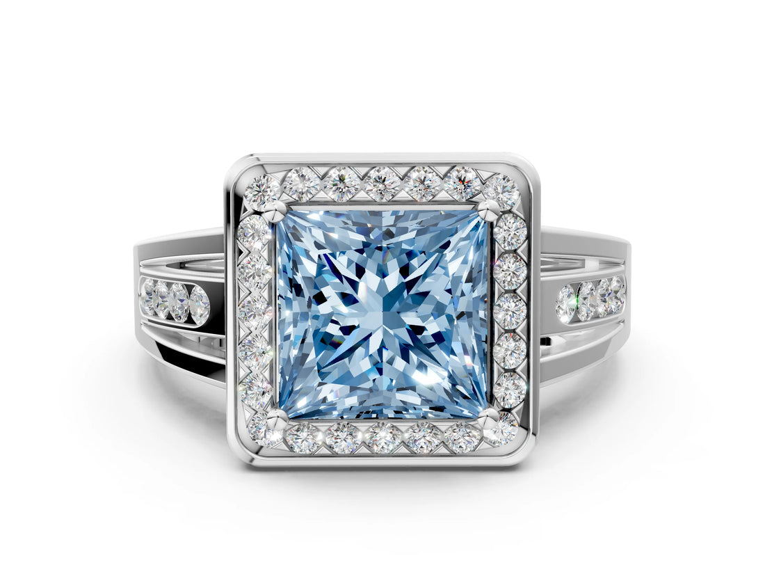 Silver Fancy Blue Princess Cut Diamond Halo Ring with Split Shank and Bezel Accents and Prong Setting_12