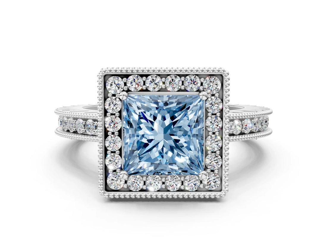 Silver Fancy Blue Princess Cut Diamond Milgrain Halo Engagement Ring with Round Pavé Band and Prong Setting_12