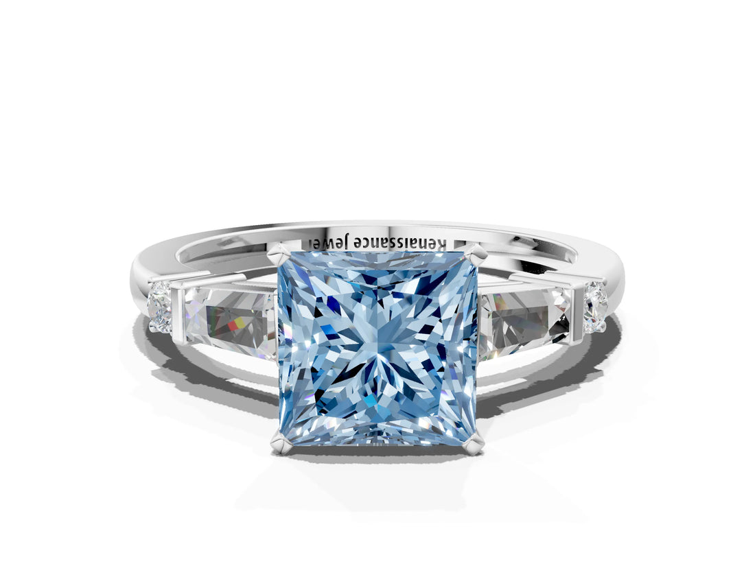 Silver Fancy Blue Princess  Cut Diamond Ring with Baguette Side Stones, Channel Set Band, and Four-Prong Setting_12