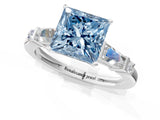 Silver Fancy Blue Princess  Cut Diamond Ring with Baguette Side Stones, Channel Set Band, and Four-Prong Setting_13