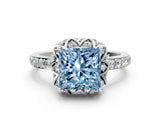Silver Fancy Blue Princess Cut Diamond Scalloped Halo Engagement Ring with Round Shared Prong Band