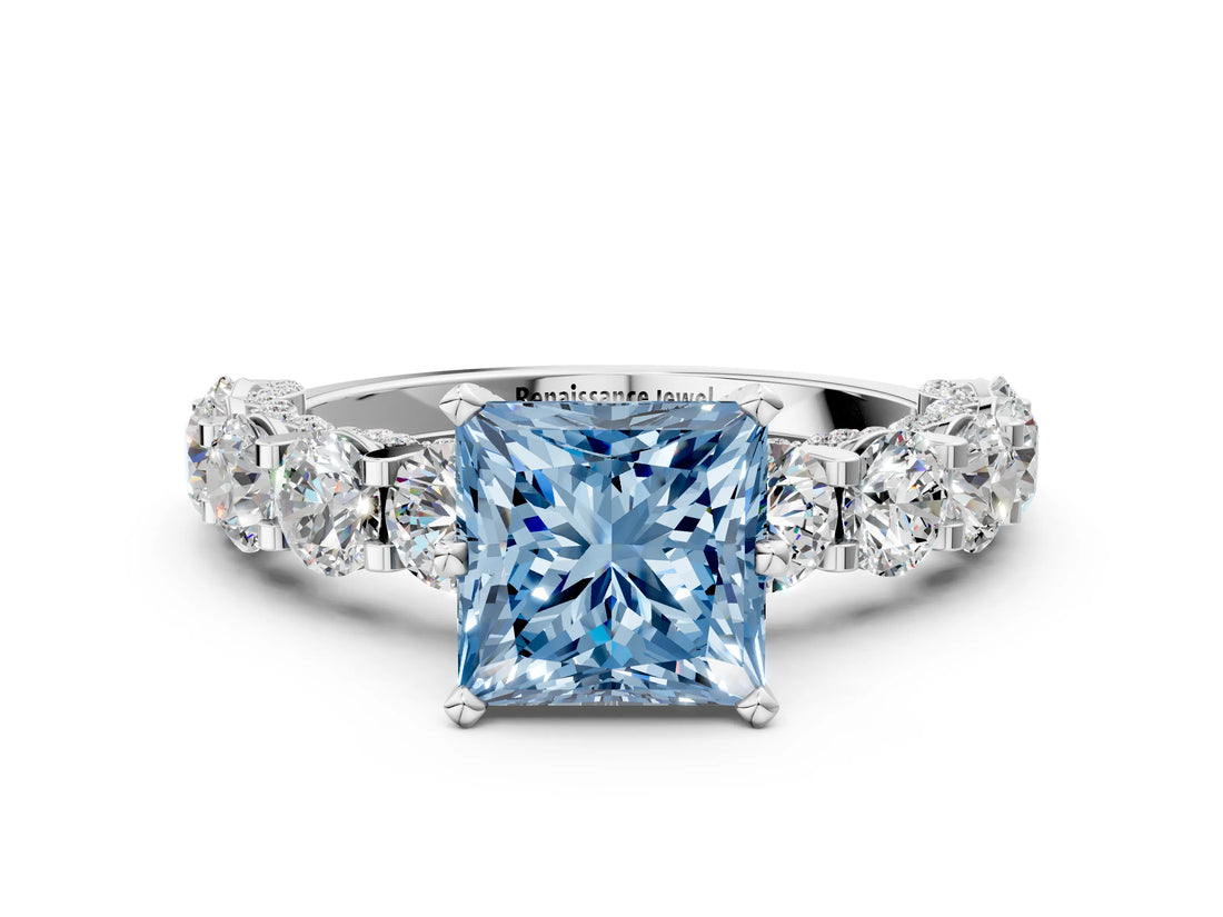 Silver Fancy Blue Princess Cut Diamond Side Stone Engagement Ring with Four-Prong Setting_12