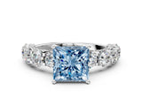 Silver Fancy Blue Princess Cut Diamond Side Stone Engagement Ring with Four-Prong Setting_12