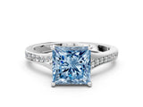 Silver Fancy Blue Princess Cut Diamond Solitaire Ring with Pavé Band and Prong Setting_12