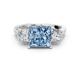 Silver Fancy Blue Princess Cut Diamond Three-Stone Engagement Ring with Prong Setting and Pavé Band_6