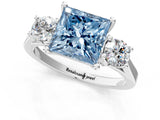 Silver Fancy Blue Princess Cut Diamond Three-Stone Engagement Ring with Prong Setting and Pavé Band_7