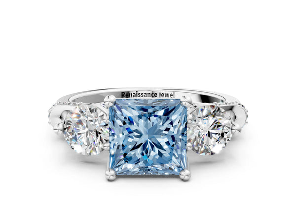 Sterling Silver Princess Cut Curved Pave Three Stone Engagement Ring Setting for Fancy Blue Center
