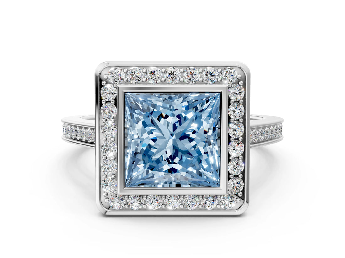 Silver Fancy Blue Princess Cut Halo Bezel Diamond Pave Band Ring_6