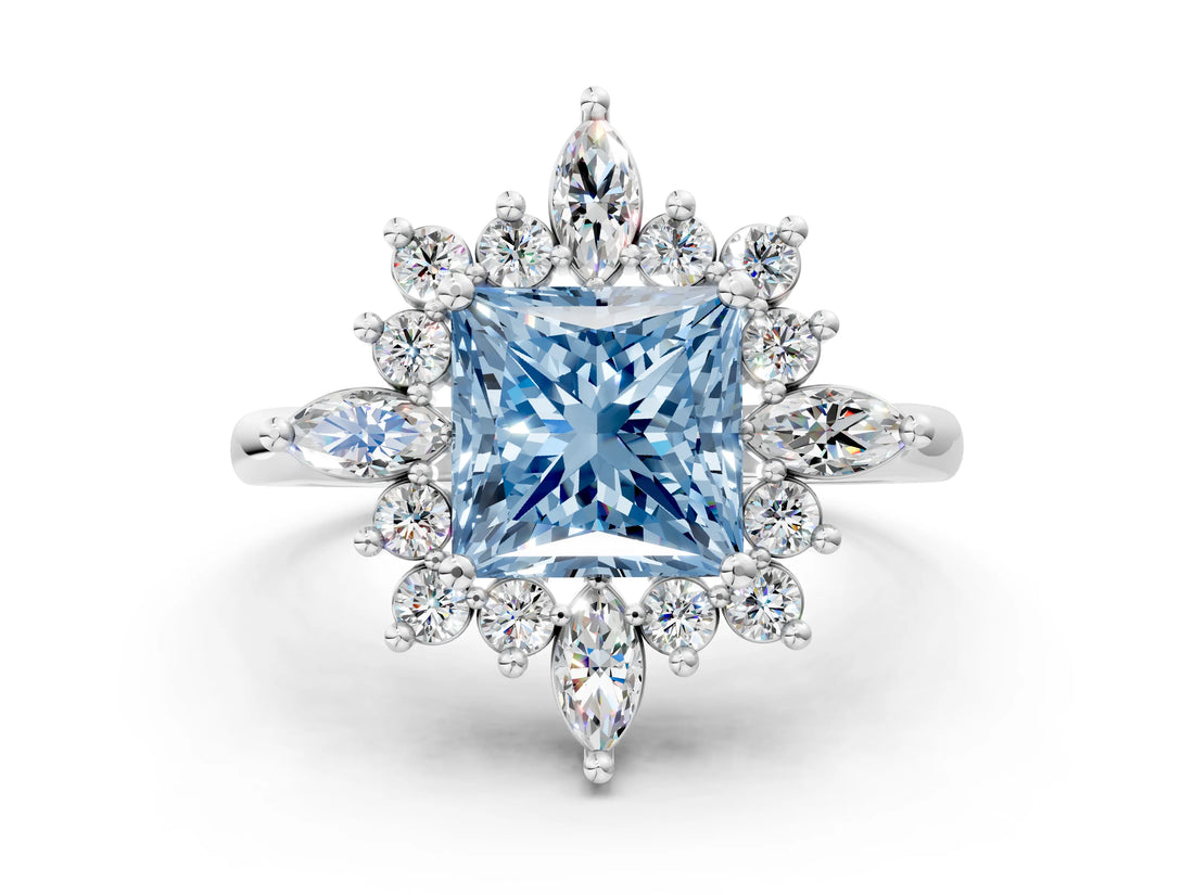 Silver Fancy Blue Princess Cut Halo Diamond Cluster Ring with Marquise and Round Stones on a White Gold Band with Prong Setting