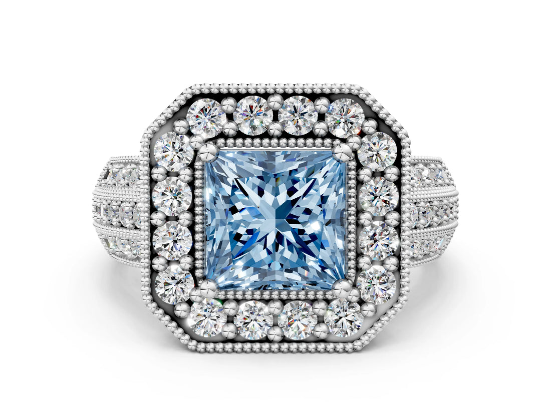 Silver Fancy Blue Princess Cut Halo Diamond Engagement Ring with Pave Split Shank and Four-Prong Setting_6