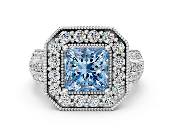 Silver Fancy Blue Princess Cut Halo Diamond Engagement Ring with Pave Split Shank and Four-Prong Setting