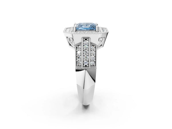 Silver Fancy Blue Princess Cut Halo Diamond Engagement Ring with Pave Split Shank and Four-Prong Setting